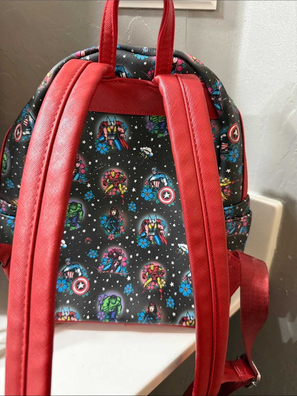 Loungefly Marvel Kids Mini Backpack in Black & Red with Multicolor Print